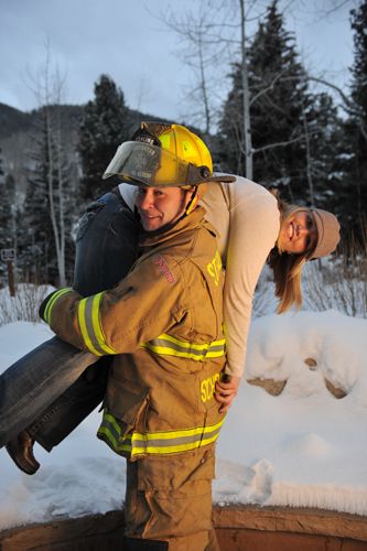 The firemans carry Fireman Carry Pose, Fireman's Carry, Firefighter Engagement Pictures, Firefighter Engagement, Pose References, Fire Service, Lift And Carry, Engagement Pictures, Wedding Pictures