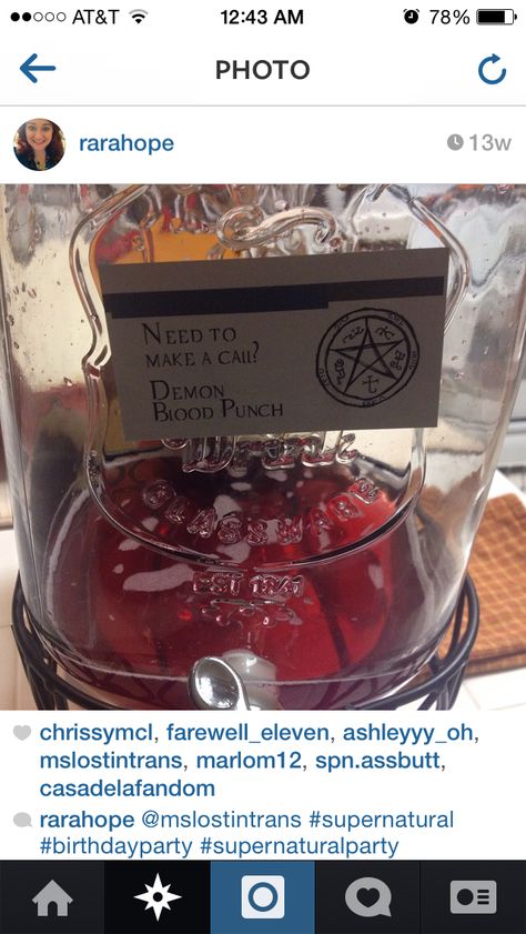 Demon blood punch! Supernatural Party Decorations, Supernatural Wedding, Supernatural Wedding Theme, Supernatural Birthday Party, Supernatural Party Ideas, Supernatural Food Ideas, Supernatural Themed Birthday Party, Supernatural Themed Food, Supernatural Birthday Party Ideas