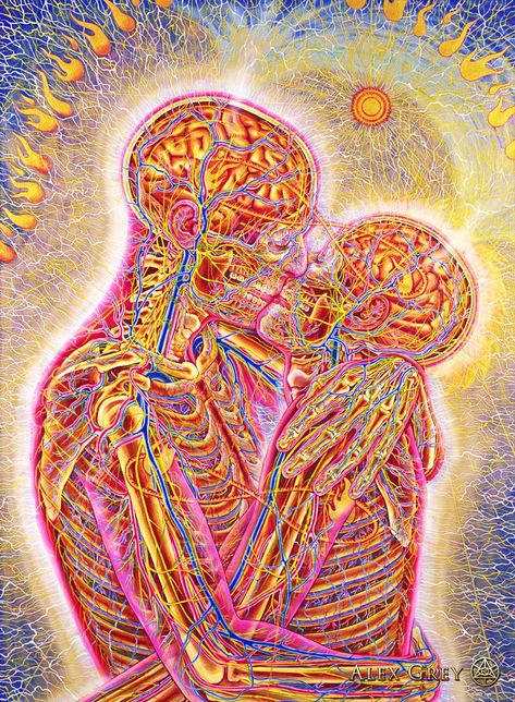 In this image, the golden flame symbolizes consciousness and spirit. There are two infinity bands of golden flames looping through the hearts and minds of the couple, suggesting the bond of infinite love which transcends the impermanence of the flesh. Tantric Alchemy, Souls Connecting, Alex Gray Art, Soulmates Art, Art Amour, Grey Artwork, Brainwave Entrainment, Alex Grey, Psychadelic Art