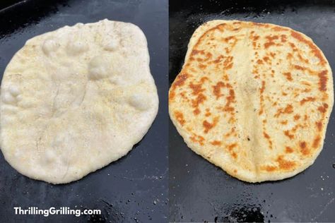 Two sides of pizza dough cooking on a griddle, before and after flipping Cooking On A Griddle, Griddle Pizza, Cooking Homemade Pizza, Pizza Spatula, Griddle Recipes, Classic Pizza, Griddle Cooking, Making Homemade Pizza, Blackstone Griddle