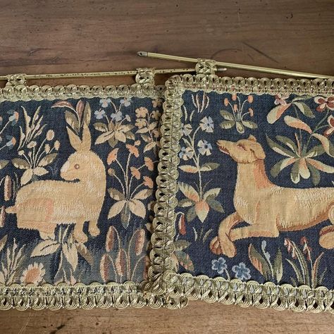 Pair of medieval style tapestries, one representing a dog and the other a rabbit. Very fine work, pretty colors and good condition. Medieval Tapestry Wall Hangings, Ghost Forest, Medieval Design, Medieval Tapestry, Merch Ideas, Medieval Style, Dorm Life, Pretty Colors, Medieval Fashion