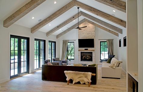 Raised Ceiling With Beams, Cottage Vaulted Ceiling Living Room, Cathedral Ceiling Trusses, Horizontal Beams Vaulted Ceiling, Small Homes With Lots Of Windows, Vaulted Ceiling Remodel, Vaulted Ceiling No Beams, Small Living Room With Vaulted Ceiling, Vaulted Ceiling With Loft