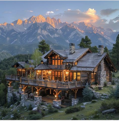 Minecraft Lakeside Cottage, House On Mountain Side, Upstairs Open Area Ideas, 3 Story Cabin, Cabin Homes Exterior, Hunting Lodge Exterior, House On A Mountain, Log Home Exterior, Luxury Mountain Homes