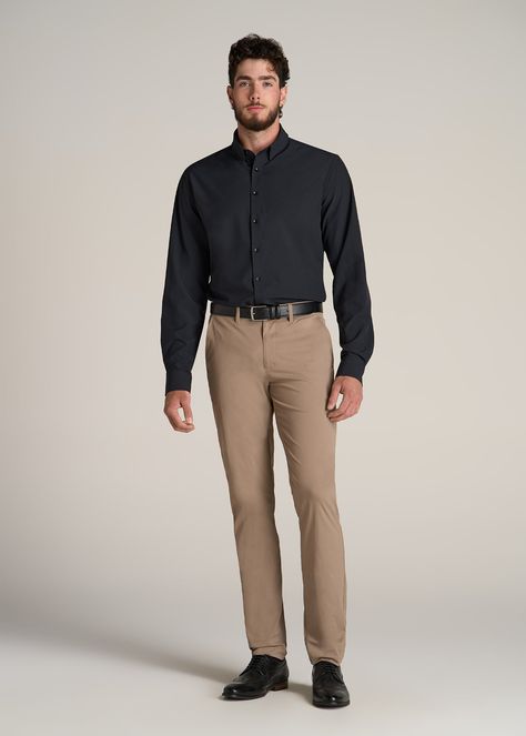 About Our Extra-Long Men's Shirt Reliable and versatile, you can wear this traveler shirt for tall men on any trip, to any meeting, with any outfit. Made of a polyester and spandex blend, it's as comfortable as your favorite tee with the class of a formal dress shirt. It has just the right amount of stretch so you can take it anywhere, whether you're catching flights or taking a big meeting in the boardroom. You want to feel confident in the fit and style of your clothes, which can be hard if yo Corporate Wear For Men, Cream And Black Outfits Men, Corporate Men Outfit, Corporate Outfits For Men, Male Teacher Outfits Elementary, Formal Office Wear Men, Work Attire Men, Men’s Wedding Guest Attire, Mens Business Outfits