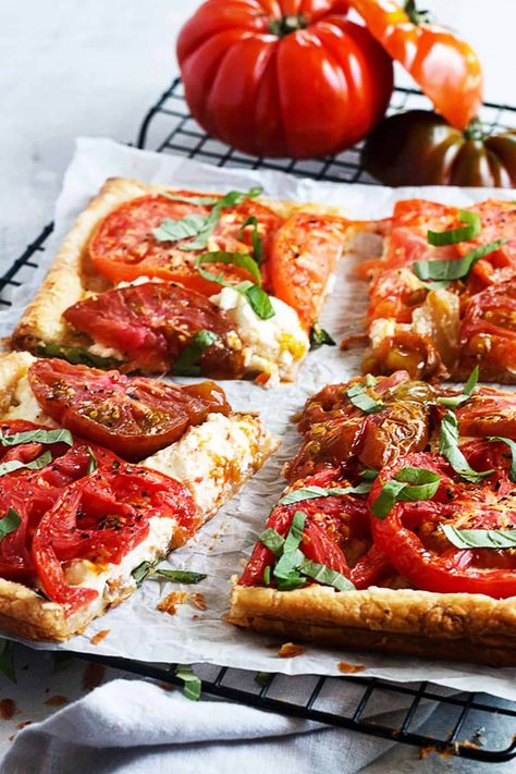 Easy Tomato Ricotta Tart Tomato Tart With Ricotta, Tomato And Ricotta Tart, Tomato Pie With Ricotta Cheese, Tomato Tart Puff Pastry Ricotta, Puff Pastry And Ricotta Recipes, Tomato Ricotta Tart, Ricotta Puff Pastry Recipes, Tomato Tart Puff Pastry, Parmesan Shortbread