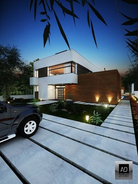 Bragadiru Residence by Arcodec-com Modern Driveway, Driveway Entrance, Driveway Design, Driveway Landscaping, Concrete Driveways, Modern Landscaping, Modern Exterior, Outdoor Design, Modern Garden