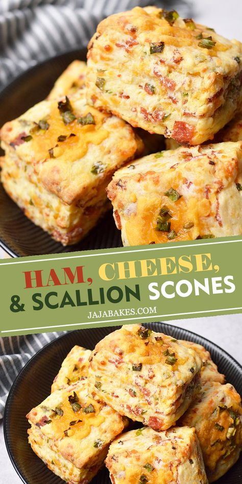 These Ham, Cheese, and Scallion Scones are tender on the inside, crunchy on the outside, cheesy and so delicious. They are perfect for breakfast, appetizer, snack, or a side with a bowl of soup! Ham And Cheddar Scones, Savory Baked Goods Recipes, Savoury Baked Goods, Savoury Scones Recipe, Scones Cheese, Savory Breakfast Bread, Scones Savory, Scallion Scones, Ham And Cheese Scones