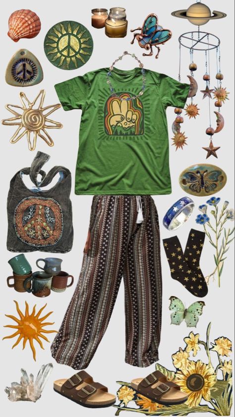 Hippie Outfits For School, Hippie Asethic, Bellbottoms 70s, Hippie Outfits Men, Granola Outfits, Hippie Fits, 90s Hippie, Outfitinspo Style, Looks Hippie