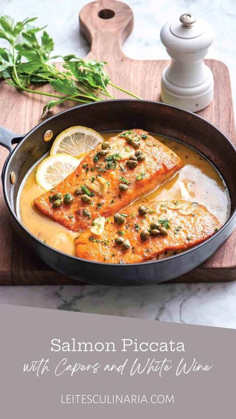 Two salmon fillets in a skillet with sliced lemons, capers and butter sauce. Salmon Piccata Recipe, Salmon Piccata, Piccata Sauce, Salmon With Lemon, Lemon Garlic Sauce, Piccata Recipe, Veal Cutlet, Bread Dishes, Fresh Salmon