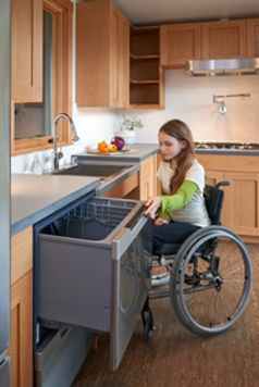 Dishwasher drawers make access easier for people of all abilities. Guys Room Aesthetic, Accessible House, Accessible Kitchen, Wheelchair Friendly, Wheel Chair, Port Townsend, Aging In Place, Nursery Baby Room, Transitional Kitchen