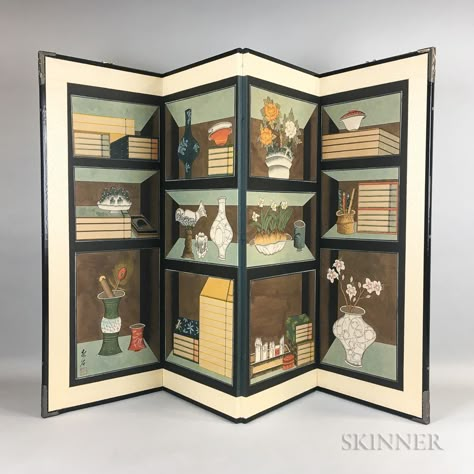 View auction on www.skinnerinc.com Contemporary Four-panel Chaekgeori Folding Screen, Korea, depicting bookshelves with scholarly items including books, seals, and small collectibles, signed "Cheonseok" with a seal, overall 35 3/4 x 53, paintings to 30 1/2 x 12 7/8 in. Korean Painting, Flower Branding, Small Collectibles, Panel Screen, Asian Painting, Folding Screen, Paper Artwork, Traditional Korean, Korean Art