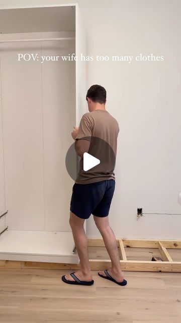 Alessandro Pontes on Instagram: "My wife has too many clothes, so let’s build her a built-in closet in her office 😉

We had these @ikea PAX closet units installed but didn’t like how they looked, especially without any doors. It was boring, ugly, and a total mess! 

I first started building a base to raise the unit to add baseboard and then created a top structure and added drywall to make it look built-in. Once doors were installed I added wall mouldings to give it more character and hide the fact that there were doors. 

Turns out my wife loved it and her clothes couldn’t look more organized than ever! (At least when the doors are closed) 😳

#diy #diydad #doityourself #pax #ikeahack #homeproject #dad #customcloset #doityourselfproject #dadblogger #dadmakesmagic #ikeahacks #ikeadiy #diy Built In Closet Diy, Closet Units, Too Many Clothes, Built In Closet, Pax Closet, Ikea Pax Closet, Closet Built Ins, Her Office, Build A Closet