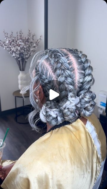 Gray Faux Locs Black Women, Stitch Braids With Boho, Gray Braids For Black Women, Salt And Pepper Braids Black Women, Grey Braids, Goddess Braid Ponytail, Grey Hair Braids, Natural Braided Hairstyles, Natural Girl