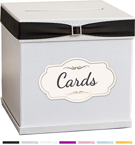 Amazon.com: Wedding Card Box - 7 Satin Ribbon Colors & Rhinestone Buckle - 10x10x10" Large Elegant White Finish - Perfect for Gifts, Birthdays, Graduations, Bridal or Baby Showers by Merry Expressions: Home & Kitchen White Wedding Card Box, Card Box Ideas, Wedding Gift Card Box, Wedding Vinyl, Grey Paper, Honeymoon Fund, Large Gift Boxes, 18th Bday, Gift Card Boxes