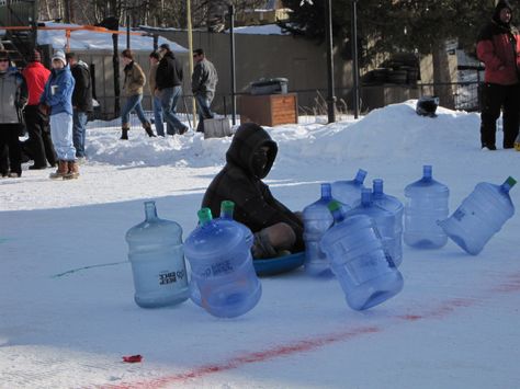 Human Bowling at Winter Carnival, the first weekend of February, Grand Lake Winter Carnival Ideas Outdoor, Outdoor Winter Games, Winter Carnival Ideas, Winter Carnival Games, Human Bowling, Small Decks, Sledding Party, Parade Costumes, Horse Pasture