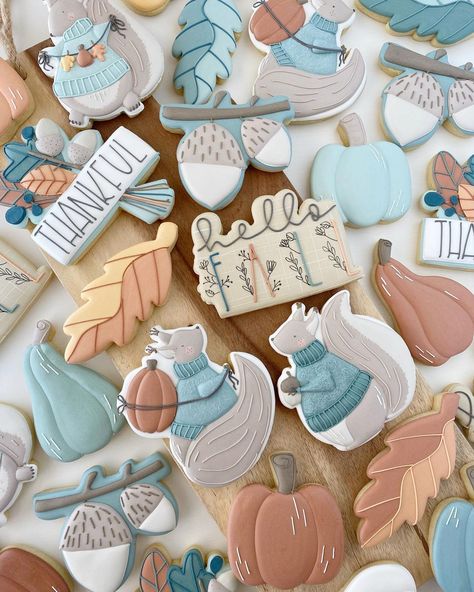 These chubby little squirrels are definitely stealing the spotlight in this sweet set of fall designs! All the new releases are now listed… Royal Iced Cookies, Romantic Florals, Sugar Cookie Royal Icing, Fall Designs, Rainbow Cookies, Fall Cookies, Autumn Decorating, Spice Cookies, Fancy Cookies