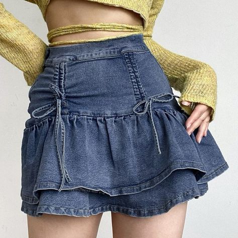 Ruffles Hem Preppy Style Denim Skirts Womens Korean Fashion Ruched Tie Up Bow Cute Kawaii HighWaist Mini Y2K Jean Skirt #y2k#y2kstyle#y2kfashion#y2koutfits#y2kaesthetic#y2kstyleshop Kpop Denim Skirt, Jean Skirts Aesthetic, Frilly Denim Skirt, Y2k Jeans Skirt, Denim Ruffle Skirt Outfit, Bows On Jeans, Jean Skirt Pleated, Ruffle Jean Skirt, Pleated Jean Skirt