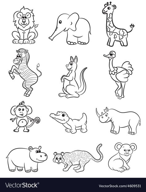 Zoo Animals Printables Free, Zoo Animals Illustration, Black And White Animal Pictures, Free Printable Animal Pictures, Animals Printables For Kids, Zoo Animal Drawings, Zoo Animals Drawing, Wild Animal Drawing, Printable Animal Pictures