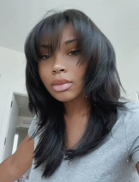 Fringe Haircut Black Women, Wispy Curtain Bangs Black Women, Layered Hair With Bangs Black Women, Bangs For Black Women, Shag Hairstyles Black Women, Bangs And Layers Black Women, Bang Black Women, Wolf Cut Hair Black Women, Layered Bangs Black Women