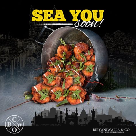 Does sea food top your list of favourite food? Tag a friend of yours who will take you to try our “Jhingha Jhalandhari Style”    #Biryaniwallaco #hyderabadibiryani #dubai #aromas #prideofhyderabad #SeaFoodGoodness #FavoriteFood #AlNahda Chinese Food Advertising, Pani Poori, Coffee Ads, Coffee Display, Meat Store, Standee Design, Fish N Chips, Poster Food, Media Advertising Design