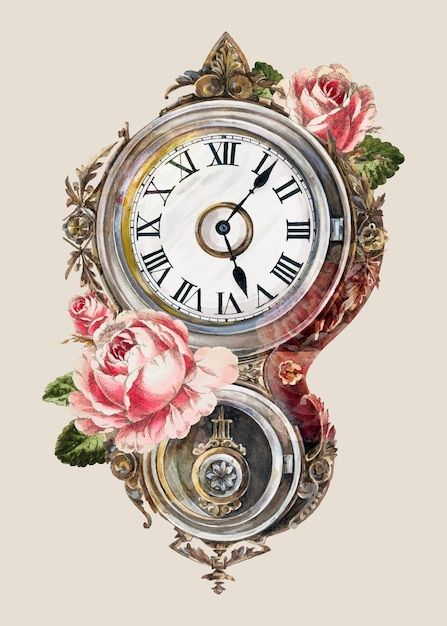 Vintage wall clock illustration vector, ... | Free Vector #Freepik #freevector #flower #vintage #floral #design Vintage Clock Png, Vintage Clock Illustration, Green Kitchen Furniture, Watch Illustration, Clock Png, Clock Illustration, Journal Images, Illustration Calendar, Decoupage Papers