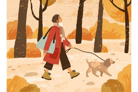 Forest Fall, Fall Drawings, Walking Dog, Autumn Illustration, Forest Illustration, Autumn Park, City Illustration, Ap Art, Winter Dog