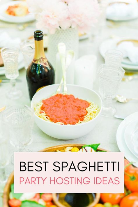 It's time to share all about our spaghetti dinner party! Whether you opt for a meatless meal, a spaghetti and meatballs dinner party, or a spaghetti with crusted chicken like we did, I know your dinner party will be a hit! In this post you'll learn how to throw a spaghetti dinner party your guests will talk about for ages. Spaghetti Dinner Party, Spaghetti Dinner Ideas, Spaghetti Party, Party Dinners, Meatballs Dinner, Meatball Dinner, Pasta Party, Meatless Meal, Spaghetti Dinner