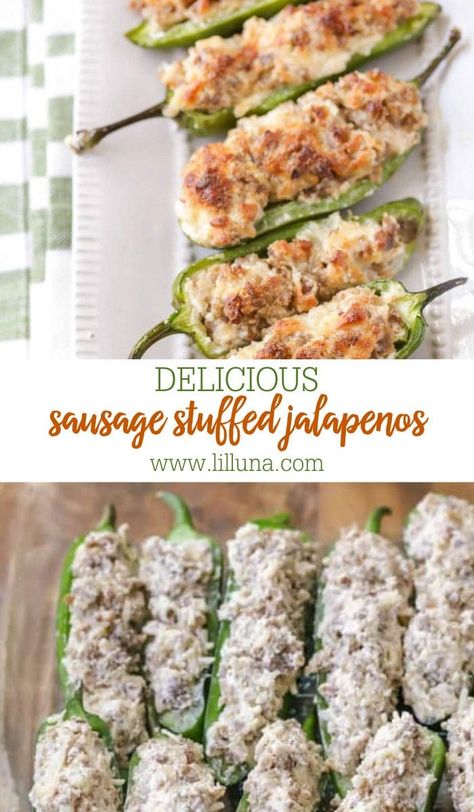 Sausage stuffed jalapeños are filled with cream cheese and baked to perfection. They're a must-have appetizer at your next party. #sausagestuffedjalapenos #stuffedjalapenos #jalapenos #sausage #stuffedpeppers Sausage And Cheese Stuffed Peppers, Sausage Stuffed Jalapeno Peppers, Appetizers With Jalapenos, Smoked Stuffed Jalapeno Peppers, Stuffed Jalapeno Peppers Cream Cheese, Jalapeno Ideas, Jalapeno Poppers With Sausage, Sausage Stuffed Jalapenos, Jalapeno Appetizer