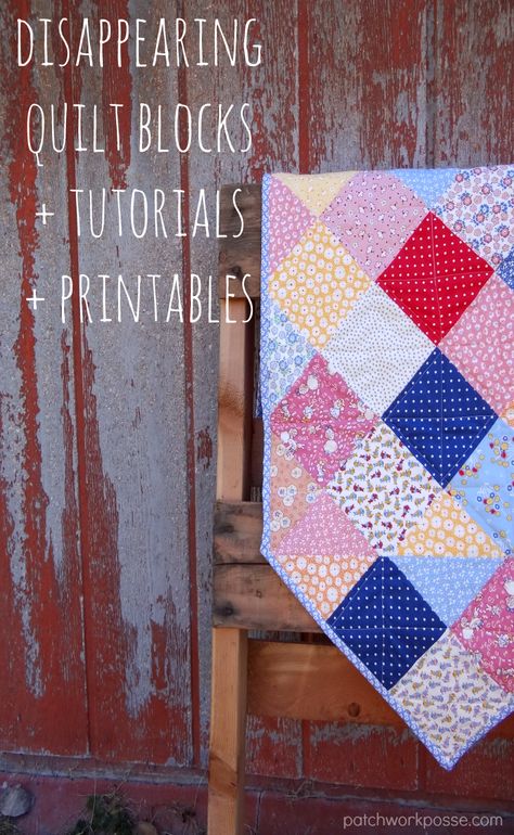 Disappearing Quilt Blocks, Quilts And Printables Beginner Quilting Projects, Beginner Quilting, Fabric Crafts Diy, Nine Patch Quilt, Quilt Block Tutorial, Modern Quilt Patterns, Patchwork Quilting, Traditional Quilts, Art Quilt