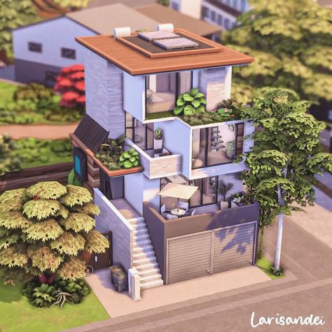 Contemporary townhouse 🏡 I wanted to play with different shapes and came up with this contemporary house. Hope you like it! ◽Gallery ID:… Sims 4 Modern Interior No Cc, Sims 4 Small 2 Story House, Crick Cabana Sims 4 Layout, Sims Small House Ideas, Sims 4 Loft House Exterior, Sims 4 Onsen Bathhouse, Townhouses Modern, Sims Modern House, Sims 4 Vacation House