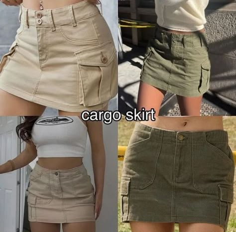 Cargo Skirt Outfits Women, Maong Skirt Outfit, Skirt Ideas Outfit, Short Cargo Skirt Outfit, Army Green Skirt Outfit, Green Skirt Outfit Ideas, Cargo Skirt Outfit Ideas, Maong Skirt, Green Skirt Outfits