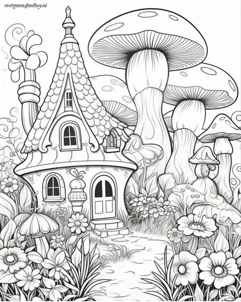 Kostenlose Blumen-Ausmalbilder und Mandalas zum Ausdrucken und Ausmalen,#Ausmalen #Malbuch #ErwachseneMalen #KinderMalen Fairycore Coloring Pages, Mushroom Village Drawing, Animal Mandala Coloring Pages, Fairytale Drawings, Tree House Drawing, Animal Mandala, Whimsical Art Paintings, Adult Coloring Designs, Pattern Coloring Pages