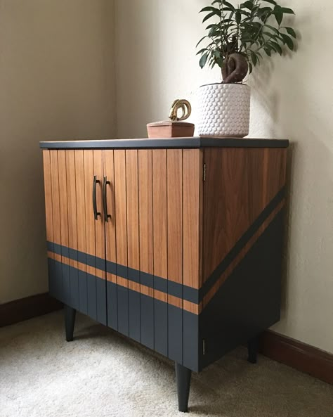 Water-stained, weathered, but otherwise in good shape, this teak cabinet needed a good, careful sanding to remove the hazy, chipped, and stained finish. The warm tones of teak are a wonderful complement to dark blues and grays, so I reached for GF Queenstown Gray Milk Paint and added a bit of GF Coastal Blue for a dark, cool gray. After masking off the design, I applied three Stenciled Furniture, Comfy House, Teak Cabinet, Amazing Furniture, Reclaimed Furniture, Furniture Rehab, Diy Furniture Renovation, Furniture Renovation, Refurbished Furniture