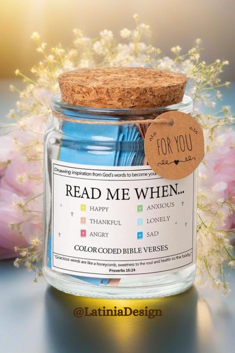 Discover solace and inspiration in our 'Read Me When' Bible Verses Jar! Filled with emotion-filled scriptures and uplifting messages, this glass prayer jar is perfect for moments when you need a reminder of faith and hope. Each verse comes with a coloring Bible verse card, making it a thoughtful gift for loved ones or a meaningful addition to your own spiritual journey. Get yours today and let the words of Scripture soothe your soul. #ChristianGifts #FaithJourney 🙏✨ Jar Of Messages Ideas, Bible Verse Ideas Crafts, Read Me When Jar Ideas, Scripture Jar Ideas, How To Make Bible Verse Jar, Jar Cards Ideas, Bible Journaling Gift Basket, Scripture Box Ideas, Bible Gifts For Women