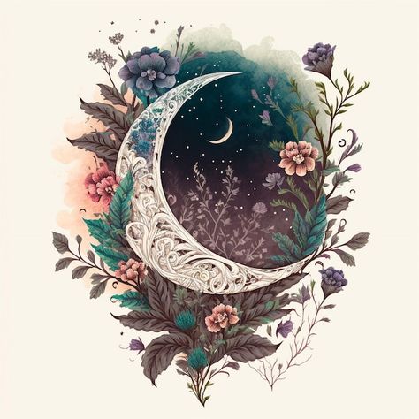 Photo floral crescent moon | Premium Photo #Freepik #photo #crescent #luna #crescent-moon #moon-illustration Moon Design Art, Dreamcatcher Drawing, Floral Crescent Moon, Crescent Moon Art, Jewel Tattoo, Moon Dreamcatcher, Forest Tattoos, Floral Moon, Floral Tattoo Design