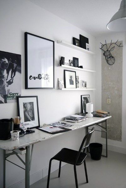 Simple Basic Small Home Office Ideas For Guys Black And White Home Office, Home Art Studios, Ruangan Studio, Minimalist Dekor, Minimalist Home Office, Decor Studio, Decor Ikea, Art Studio At Home, White Office