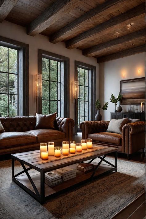 Rustic living room with a leather sofa candles and warm white LED Rustic Modern Family Room, Living Rooms With Leather Couches, Cozy Romantic Living Room, Hunting Living Room Decor, Living Room Ideas Cozy Rustic, Camel Leather Couch Living Room, Hunting Living Room, Brown Leather Living Room Furniture, Rustic House Living Room