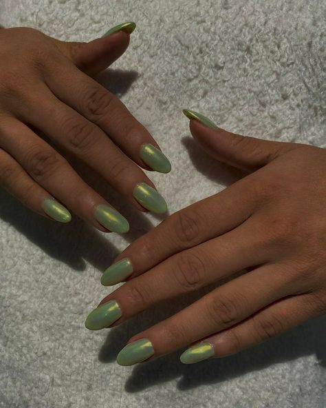 Light Green And Gold Nails, Light Green Chrome Nails, Matte Green Nails, Kristina Krayt, Chrome Nail Polish, Green Acrylic Nails, Glitter Accent Nails, Green Nail Art, Glitter Manicure