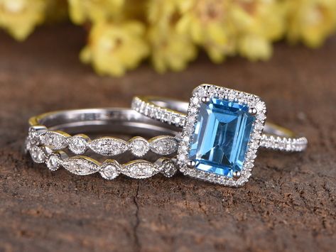 Sky Blue Topaz Engagement Ring, Antique Emerald Engagement Ring, Bridal Diamond Ring, Topaz Wedding Ring, Wedding Rings Art, Halo Ring Setting, Stacked Diamond Bands, Blue Topaz Engagement Ring, Antique Wedding Rings