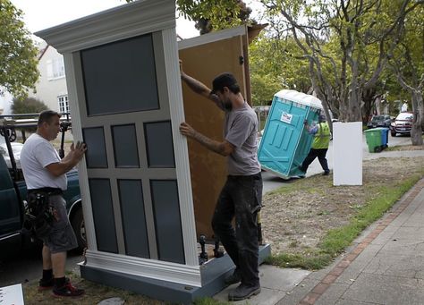 Senad Mehmdovic (left) and Dustin Olander assemble a booth to disguise a portable toilet at a S.F. residential work site. Porta Potty Ideas, Heavy Crown, Wedding Restroom, Brewery Ideas, Toilet Surround, London Telephone Booth, Outhouse Bathroom, Porta Potty, Portable Potty