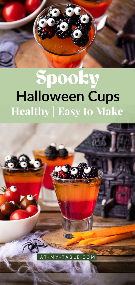 Vibrant layered jello cups with blackberry "eyeballs," featuring a healthy and easy vegan option for Halloween. Spooky Jello, Halloween Snack For Kids, Vegan Jello, Fun Halloween Snacks, Halloween Jello, Halloween Snacks For Kids, Jello Cups, Spooky Halloween Treats, Vegan Halloween