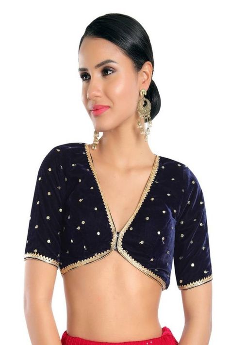 Navy Blue Deep V Neck Velvet Blouse for Stylish Look Velvet Saree Blouse, Velvet Saree, Belle Hairstyle, Saree Blouses Online, Padded Blouse, Navy Blue Velvet, Navy Blue Blouse, Readymade Saree, Silk Saree Blouse