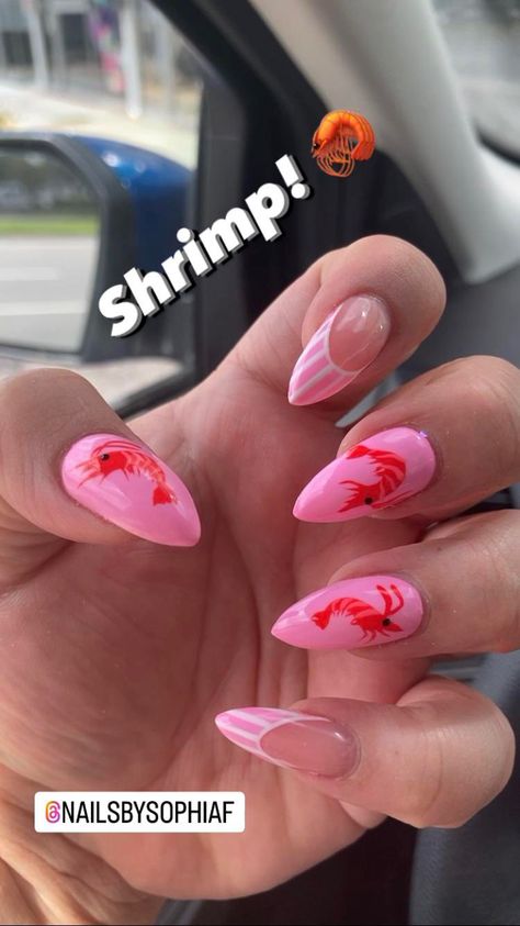 Mail Inspo Colorful, Chili Pepper Nail Art, Cajun Shrimp Nails Design, Shrimp Nail Art, Sardine Nail Art, Crab Nail Art, Lobster Nail Art, Nails With Fish, Sardine Nails