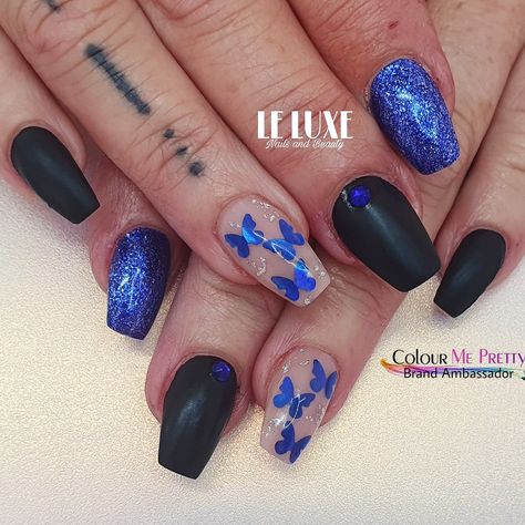 Butterfly blue glitter black matte nails Navy Blue Butterfly Nails, Black And Blue Butterfly Nails, Black Blue Nails, Black Matte Nails, Black And Blue Nails, Butterfly Nails, Matte Black Nails, Prom 2023, Butterfly Blue