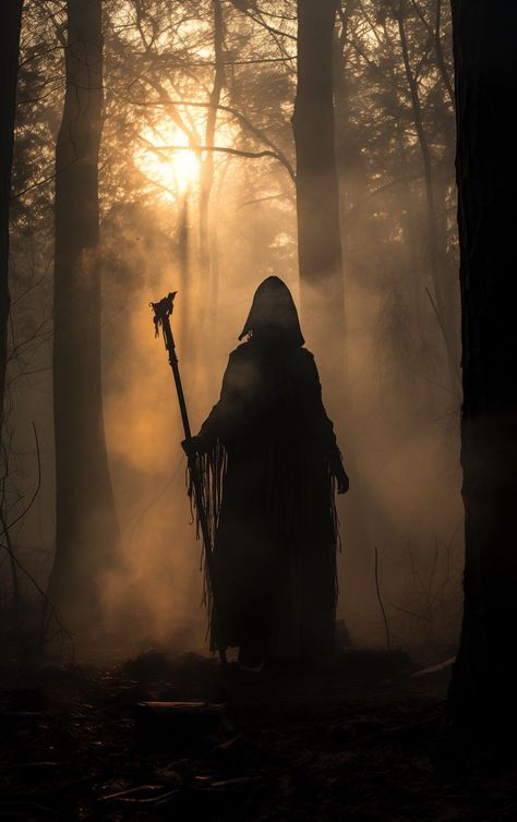 In the forest's heart, smoke reveals an ancient warrior's silhouette, his mask and spear etching a story of time into the air. Spear Aesthetic, Fighter Aesthetic, Forest Warrior, Holding Spear, Echo Chamber, Mists Of Avalon, Three Witches, Oc Board, Adventure Story