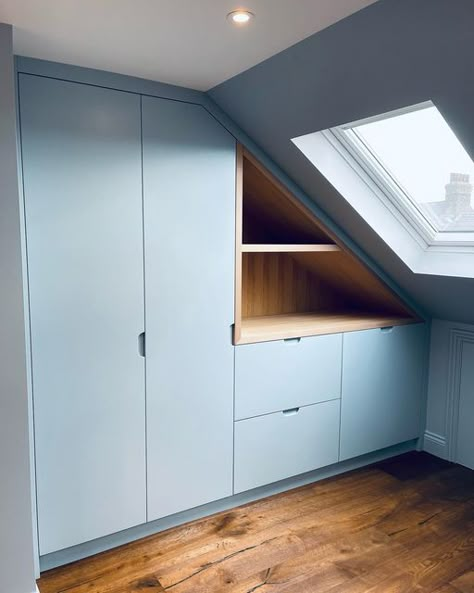 Under Roof Storage, Sloped Ceiling Bedroom Wardrobes, Built In Wardrobes Loft Room, Wardrobe Attic, Wardrobe Built Over Stair Bulkhead, Wardrobe Roof Sloping, Built In Wardrobe Slanted Roof, Loft Conversion Wardrobes, Loft Wardrobe