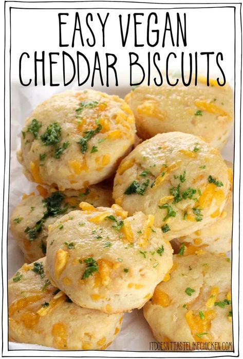 These Easy Vegan Cheddar Biscuits taste just like the Cheddar Bay Biscuits from Red Lobster, but they are entirely plant-based and easy to make at home in just 30 minutes! Buttery, flaky, and garlicky, with a generous amount of vegan cheddar cheese mixed into the dough, making them incredibly flavorful and addictive. #itdoesnttastelikechicken #veganrecipes #redlobster Vegan Cheddar Cheese, Vegan Bread Recipe, Diet Diary, Vegan Biscuits, Cheddar Bay Biscuits, Vegan Cheddar, Cheddar Biscuits, Like Chicken, Vegan Side Dishes