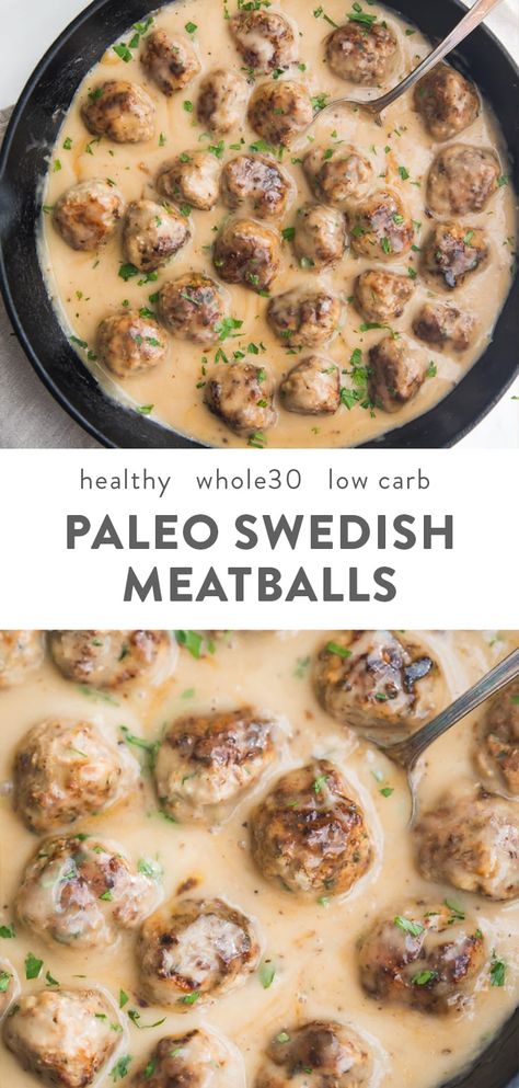 These paleo Swedish meatballs are so comforting and savory, served with a creamy Swedish meatballs sauce and lingonberry jam, with a Whole30 option. Based on an authentic recipe, this healthy take on Swedish meatballs is paleo, Whole30, gluten free, low carb, and keto friendly! Not only that, they're quite easy, and that creamy, dairy-free gravy is to die for! #paleo #whole30 Swedish Meatballs Sauce, Healthy Swedish Meatballs, Paleo Swedish Meatballs, Creamy Swedish Meatballs, Meatballs Sauce, Meatballs Paleo, Lingonberry Jam, Paleo Menu, Paleo Diet Food List