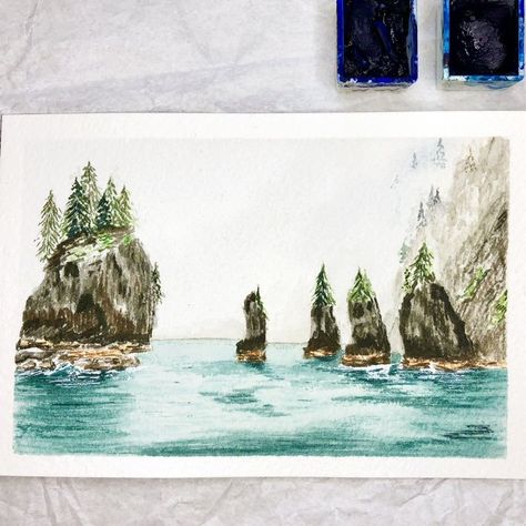 watercolor painting of ocean scene in Kenai Fjords National Park Alaska Painting Of Ocean, Kenai Fjords National Park, Watercolor Landscapes, Zion National Park Utah, Kenai Fjords, Ocean Scenes, Zion National Park, Watercolor Landscape, Watercolor Painting