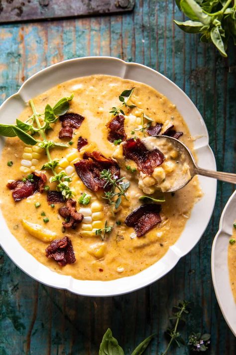 Creamy Corn, Zucchini, and Bacon Chowder | halfbakedharvest.com Half Baked Harvest Corn Chowder, Different Ways To Eat Bagels, Half Baked Harvest Corn, Cauliflower Corn Chowder, Autumn Food Recipes, Corn Zucchini, Bacon Chowder, Harvest Corn, Potato Corn Chowder